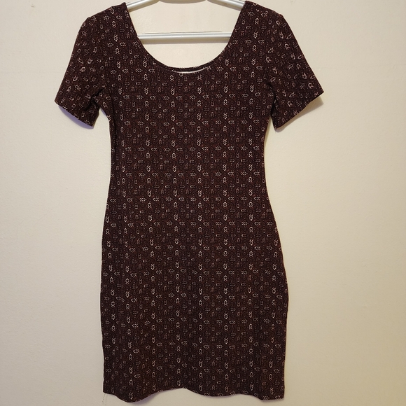 MUDD Maroon Burgandy Brown Black Cream Pattern Form Fitted Bodycon Dress Medium - Picture 4 of 14